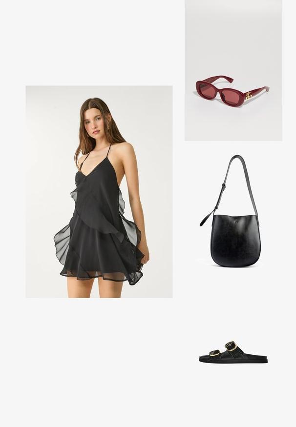 Sort chiffon kjole med dyb V-hals, tynde stropper og lagdelte volanger langs kanten, med en blød og let struktur.; Sort skridsandal med to guldspænder, glat tekstureret materiale, flad sål og et minimalistisk design.; Røde plastsolbriller med rektangulære stel, tonede linser og en guldlåg accent på stængerne. Glat, blank finish.; Sort lædertaske med en glat overflade, buet form, justerbar rem og et diskret prægede logo på fronten.