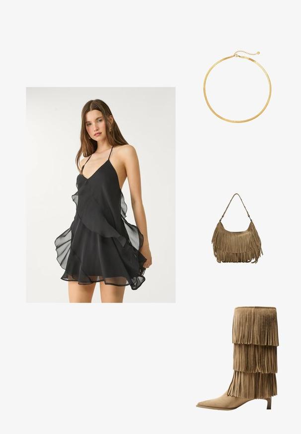 Schwarzes Chiffonkleid mit tiefem V-Ausschnitt, dünnen Trägern und geschichteten Rüschen am Saum, aus einem weichen, leichten Material.; Fransen-Stiefelette aus taupefarbenem Wildleder mit drei Lagen Fransen. Spitz zulaufende Zehenpartie und ein niedriger Blockabsatz. Durchgehend glatte Oberfläche.; Braune Wildleder-Handtasche mit langen Fransen, einer geschwungenen Form und einem einzelnen Schultergurt. Verfügt über eine glatte, strukturierte Oberfläche.; Goldmesh-Choker-Halskette mit flachem, flexiblem Design. Verfügt über eine Kettenverlängerung für anpassbare Länge. Glatte Textur, minimalistischer Look.