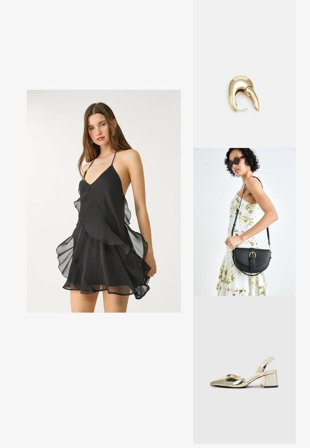 Schwarzes Chiffonkleid mit tiefem V-Ausschnitt, dünnen Trägern und geschichteten Rüschen am Saum, aus einem weichen, leichten Material.; Goldene, metallische Slingback-Absätze mit spitzem Zeh und dicker Ferse. Glatte Textur, minimalistisches Design und ein schmaler Riemen.; Schwarze Lederhandtasche mit geschwungener Form, abnehmbarem Tragegurt und goldenen Beschlägen. Die Tasche verfügt über einen Deckel mit einer Schnallen-Details.; Ohrringe aus goldfarbenem Metall mit einem schlanken, geschwungenen Design. Sie verfügen über eine markante, spitze Form, eine polierte Oberfläche und einen Scharnierverschluss.