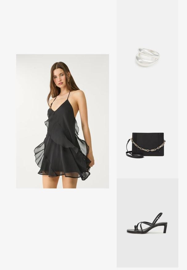 Čierne šifónové šaty s hlbokým V-výstrihom, tenkými popruhmi a vrstvenými volánmi na spodnom okraji, s jemnou, ľahkou textúrou.; Čierne sandále na vysokom podpätku so štvorcovou špičkou a nízkym blokovým podpätkom. Obsahujú viacero tenkých popruhov a nastaviteľný členkový popruh. Vyrobené z hladkej kože.; Čierna kožená crossbody taška s hladkou textúrou, obdĺžnikovým tvarom a kovovým reťazovým detailom na prednej strane. Súčasťou je nastaviteľný popruh.; Strieborný prsteň s dvojitým pásikom s hladkým, lesklým povrchom. Má plynulý, zakrivený dizajn s prekryvajúcimi sa časťami pre moderný vzhľad.