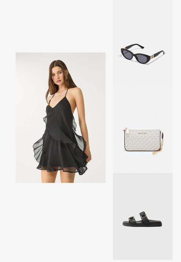Zwarte chiffon jurk met een diepe V-hals, dunne bandjes en gelaagde ruches langs de zoom, met een zachte, lichte textuur.; Zwarte slide sandalen met twee verstelbare banden met gouden hardware, een textuur bovenwerk en een vlakke rubberen zool.; Guess Zonnebril - shiny black; Michael Kors polsbandje in beige gecoate canvas met een herhaald MK-logo patroon, gouden hardware en een afneembare kettingriem.