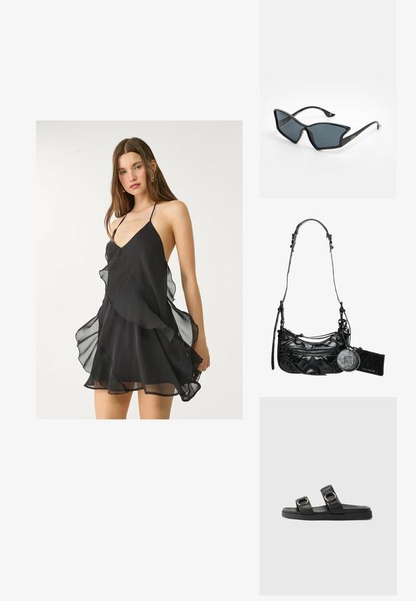 Sort chiffon kjole med dyb V-hals, tynde stropper og lagdelte volanger langs kanten, med en blød og let struktur.; Sorte slidesandaler med to justerbare stropper med guldhardware, en tekstureret overdel og en flad gummisål.; Sorte plastiksolbriller med en geometrisk katteøjeform, grå linser og gyldne detaljer på stængerne. Glat overflade hele vejen rundt om stellet.; Sort syntetisk læder håndtaske med en buet design, lynlåslomme foran og dekorativ hardware med en aftagelig rund møntpung.