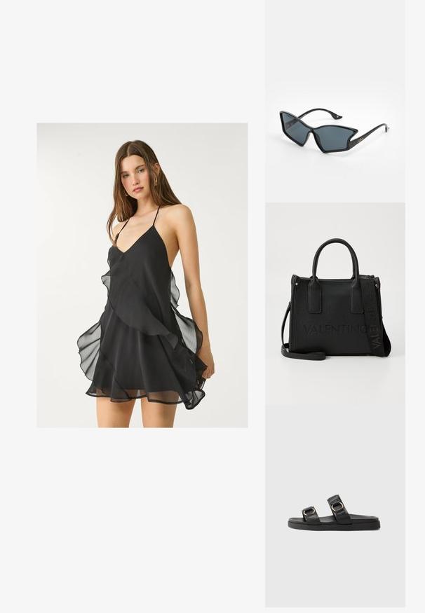Crna čipkasta haljina s dubokim V-izrezom, tankim trakama i slojevitim volanima duž rubova, s mekim i laganim teksturom.; Crne natikače s ravnim đonom, koje se ističu s dva podesiva remena sa zlatnim detaljima, teksturiranim gornjim dijelom i ravnim gumenim đonom.; Crne plastične sunčane naočale s geometrijskim oblikom mačjih očiju, sivi leći i zlatnim naglascima na krakovima. Glatka tekstura kroz cijeli okvir.; Crna teksturirana torba s dvostrukim gornjim ručkama, odvojivim remenom za rame, ugraviranom oznakom brenda i zlatnim akcentima.