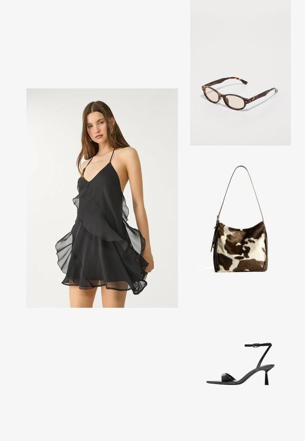 Abito in chiffon nero con una profonda scollatura a V, spalline sottili e volants sovrapposti lungo l'orlo, caratterizzato da una texture morbida e leggera.; Bershka Sandali con tacco - black; Occhiali da sole tartarugati con forma arrotondata e lenti chiare. Presentano aste robuste con piccoli dettagli dorati, realizzati in materiale plastico.; Borsa a spalla in pelle bovina marrone e crema con tracolla in pelle liscia, chiusura con zip e superficie morbida e testurizzata con un motivo naturale.