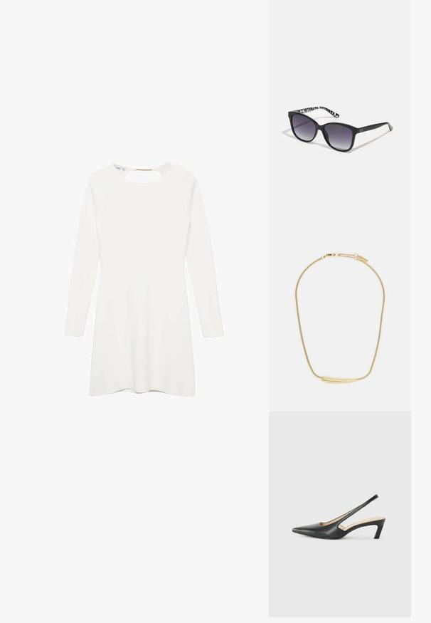 Weißes langärmliges Kleid mit rundem Ausschnitt und Schlüssel-Ausschnitt im Rücken, aus glattem, strukturiertem Material und mit einem schwingenden Saum.; Schwarzer spitz zulaufender Slingback-Schuh mit niedrigem Absatz, der aus glattem Leder gefertigt ist und seitliche Ausschnitte für Atmungsaktivität aufweist.; Schwarze Sonnenbrille mit verlaufenden Gläsern, quadratischer Form und einem strukturierten schwarz-weißen Muster an den Bügeln. Mit einem silbernen Logoakzent.; Goldbeschichtete Halskette mit einem glatten, geschwungenen zentralen Akzent. Verfügt über eine flexible Kette mit einem Karabinerhaken und zusätzlichen verstellbaren Kettengliedern.