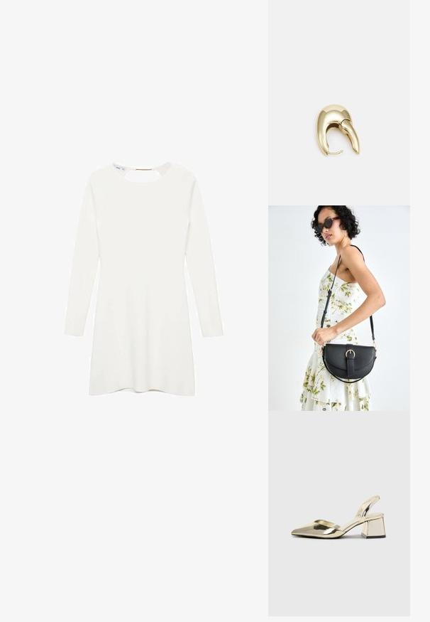 Biała sukienka z długim rękawem, okrągłym dekoltem i szczegółem w kształcie klucza z tyłu, wykonana z gładkiego, teksturowanego materiału, z zakładanym dołem.; Złote, metaliczne szpilki z boku z wydłużonym noskiem i grubym obcasem. Gładka faktura, minimalistyczny design i wąski pasek.; Czarna skórzana torebka o zakrzywionym kształcie, z odpinanym paskiem i złotymi akcentami. Torebka posiada klapę z zapięciem w kształcie klamry.; Złote metalowe kolczyki o eleganckim, zakrzywionym kształcie. Posiadają charakterystyczny szpiczasty kształt, polerowaną powierzchnię oraz zapięcie na zawias.