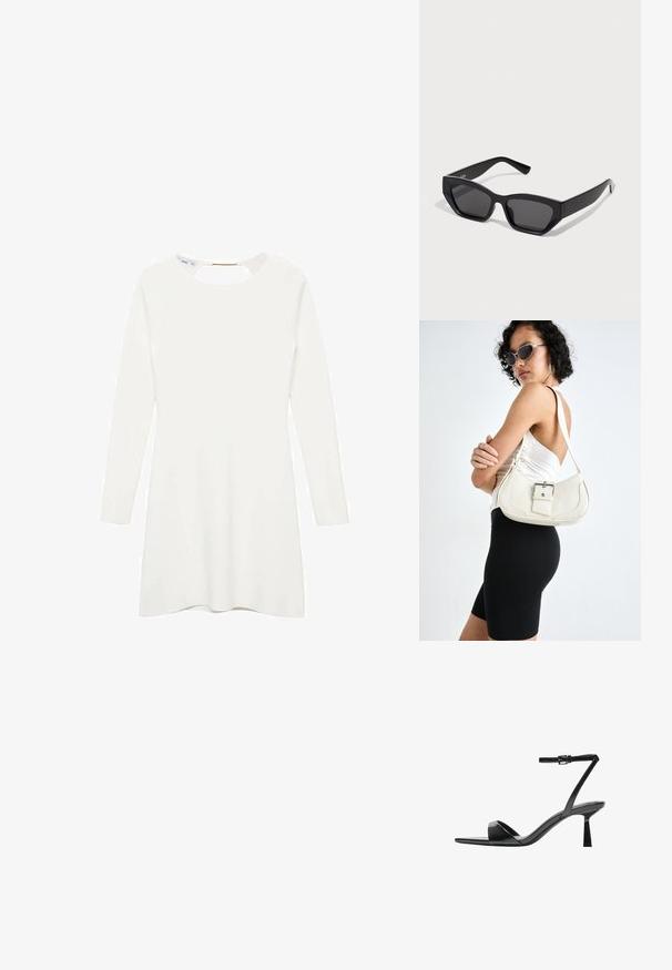 Weißes langärmliges Kleid mit rundem Ausschnitt und Schlüssel-Ausschnitt im Rücken, aus glattem, strukturiertem Material und mit einem schwingenden Saum.; Bershka High Heel Sandalette - black; Schwarze rechteckige Sonnenbrillen mit dicken Rahmen, dunklen Gläsern und kantigem Design. Glattes Plastikmaterial ohne sichtbare Muster oder Akzente.; Weiße Lederhandtasche mit geschwungener Form, verstellbarem Tragegurt und einem kleinen Schnallendetail. Das Modell trägt ein enges schwarzes Outfit.