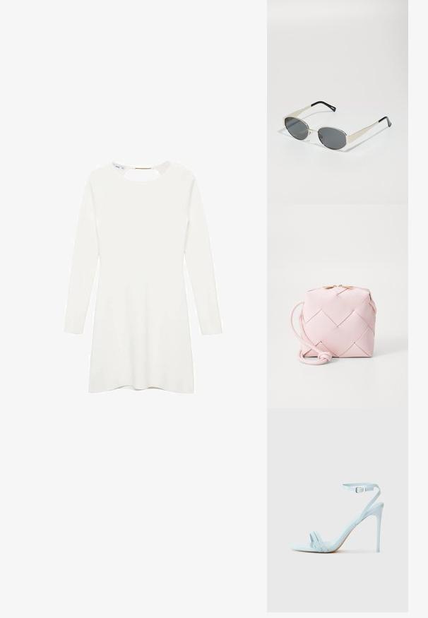 Robe blanche à manches longues avec un col rond et un détail en keyhole au dos, dotée d'un tissu lisse et texturé et d'un ourlet évasé.; Sandale stiletto bleu clair avec deux brides avant et une bride de cheville, fabriquée en matériau verni lisse, présentant un talon fin et un design minimal.; Lunettes de soleil avec des verres ovales gris, monture en métal argenté et accents noirs sur les branches. Présentent un design épuré et un matériel minimal.; Sac à main synthétique tissé, de couleur rose, avec une forme carré, une texture lisse, une bandoulière réglable et un fermoir en métal doré. Design compact.