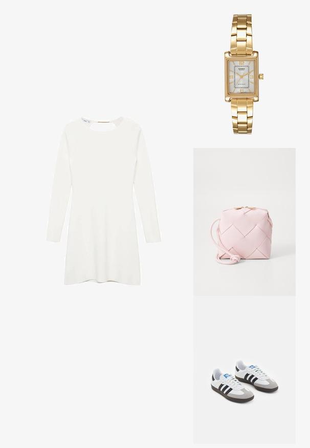 Abito bianco a maniche lunghe con scollo rotondo e dettagli a apertura a chiave sul retro, caratterizzato da un tessuto liscio e testurizzato e una gonna svasata.; Scarpe sportive con tomaia in pelle bianca, punta in suede grigia e tre strisce nere. Presentano un logo blu sulla linguetta e una suola in gomma testurizzata.; Borsa a tracolla sintetica tessuta di colore rosa, di forma quadrata, con superficie liscia, tracolla regolabile e chiusura in metallo dorato. Design compatto.; Orologio da polso rettangolare dorato con quadrante bianco, indicatori delle ore in tono argento e un robusto bracciale in metallo. Include la funzione di resistenza all'acqua.