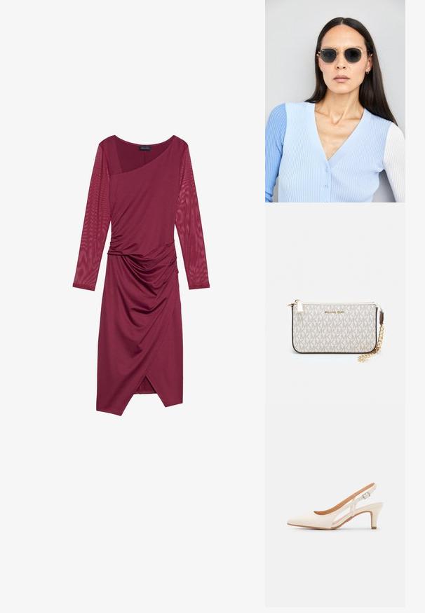 Burgundská šaty s dlhými priesvitnými rukávmi, asymetrickým výstrihom, splývavým telom a naťahovaním v oblasti pásu, s dĺžkou po kolená.; Biele slingback topánky na podpätku s ostrou špičkou, hladkým vrchným materiálom, nízkym blokovým podpätkom a bočným výrezom s nastaviteľným remienkom na pracku.; Okrúhle slnečné okuliare s tmavými šošovkami a zlatým rámom. Modelka má na sebe svetlomodrý pletený kardigán s gombíkmi a bielymi rukávmi v kontraste.; Michael Kors zápästná taška v béžovej potiahnutej plátenej tkanine s opakujúcim sa vzorom loga MK, zlatým kovania a odnímateľným reťazovým popruhom.