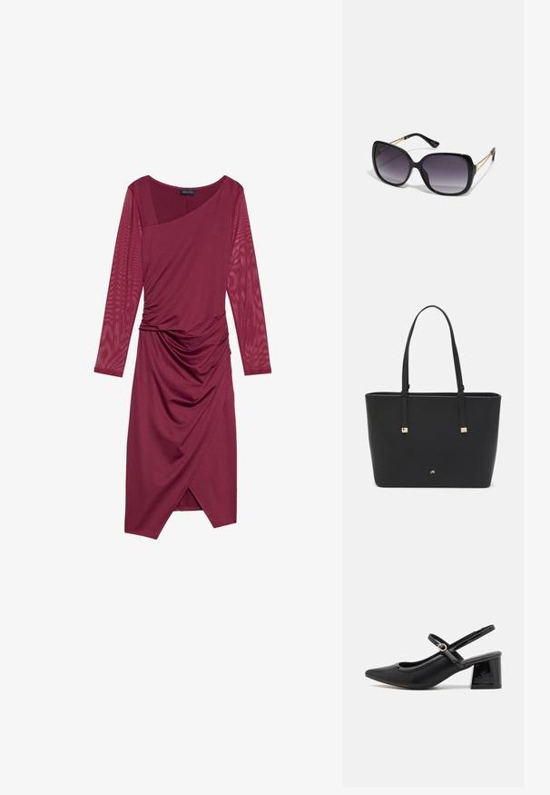 Burgundijas krāsa kleita ar garām caurspīdīgām piedurknēm, asimetrisku dekoltē, drapēta ķermeņa forma un rievota apdare jostasvietā, ar ceļgala garuma apakšmalu.; Melns patentēts ādas sandales ar norādīta pirksta formu, noapaļotu izgriezuma dizainu un bloķētu papēdi. Iezīmēta ar zelta toņa sprādzi.; Melni pārmērīgi lieli saulesbrilles ar gradāciju lēcām, biezām rāmja malām un zeltainas krāsas ķēžu detaļām uz tempļiem.; Melnā somiņa, kas izgatavota no sintētiska materiāla, ar vienkāršu taisnstūra formu, zelta kvadrātveida akcentiem un divām rokturiem.