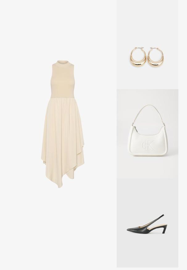 Ujjatlan, krémszínű ruha magas nyakkal, szűk bodiccel és térd alá érő, lágy anyagból készült, aszimmetrikusan redőzött szoknyával.; Fekete, hegyes orrú, slingback cipő alacsony sarkával, sima bőrből készült, oldalt kivágott deisgnal a légáteresztőképesség érdekében.; Fehér bőrtáska ívelt formájú, elöl feltűnő "CK" logóval, egyetlen vállpánttal. Cipzáras zárás a tetején.; Aranyszínű, félhold alakú fülbevalók, polírozott felülettel és zsanéros záródással. A sima textúra és a fényes felület fokozza a láthatóságot.