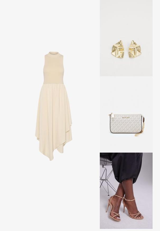 Bezrukávové krémové šaty s vysokým výstrihom, priliehavým telom a sukňou po kolená s asymetrickým volánom vyrobenou z jemného materiálu.; Béžové sandále na opätku s kryštálovými ozdobami, s otvorenou špičkou, tenkými popruhmi a elegantným siluetou.; Michael Kors zápästná taška v béžovej potiahnutej plátenej tkanine s opakujúcim sa vzorom loga MK, zlatým kovania a odnímateľným reťazovým popruhom.; Zlaté kovové náušnice s vlnitým dizajnom; hladký, reflexný povrch; asymetrický tvar; žiadne viditeľné vzory alebo hardvér.