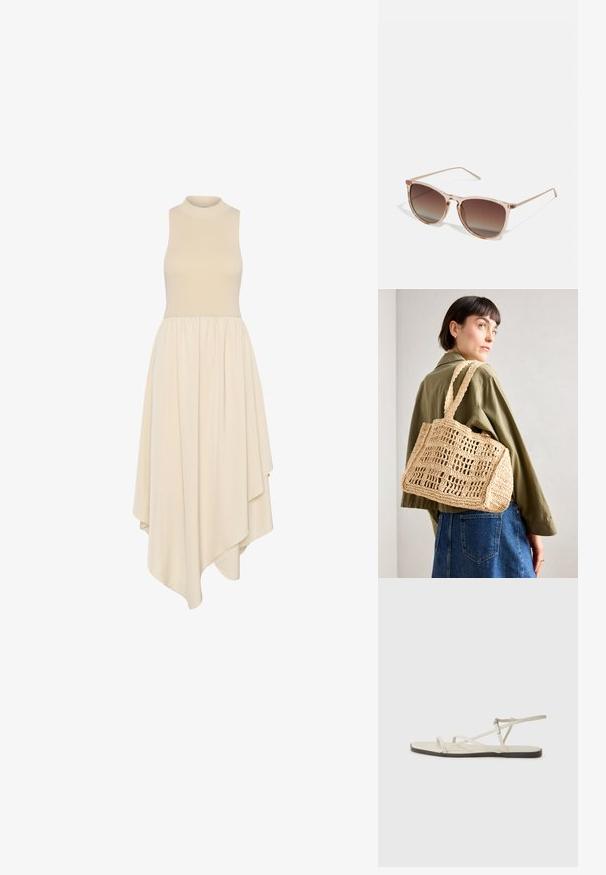 Námořnické midi šaty bez rukávů s vysokým límcem, přiléhavým korzetem a asymetrickou sukní ke kolenům vyrobenou z jemného materiálu.; Béžové ploché sandály s několika štíhlými pásky a nastavitelnou přezkou. Podešev je plochá s mírným tmavým kontrastem na okraji.; Hnědé sluneční brýle s gradientem, s průhledným růžovým rámem, čtvercovým tvarem a tenkými kovovými nohami. Charakterizovány zaoblenými hranami a minimálním zdobením.; Hnědá tkávaná háčkovaná taška v obdélníkovém tvaru, se dvěma širokými ušima a otevřeným mřížkovým vzorem. Design obsahuje texturovanou látku a prostorný vnitřek.