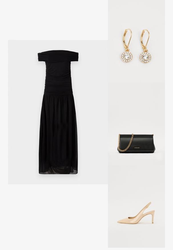 Svart off-shoulder klänning i mjukt tyg, med rynkdetaljer vid bysten och en flödande, samlad kjol för en avslappnad passform.; Nude lackläder slingback-häl med spetsig tå, öppen vamp och en tunn stilettklack. Har en cirkulär guldaccents på remmen.; Svart läderclutch med en guldkedjesjal, med en slät yta, rektangulär form och präglad märkning på framsidan.; Guldörrhängen med en central klar kristall omgiven av mindre klara stenar, med ett säkerhetsstängning i form av en lyftbak för att hålla dem på plats.