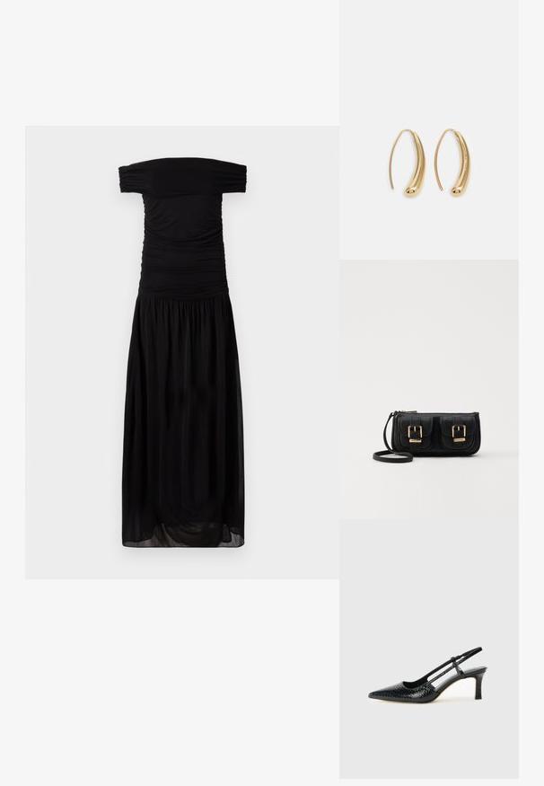 Black off-shoulder dress made of soft fabric, featuring ruched detailing at the bodice and a flowing, gathered skirt for a relaxed fit.; Black patent slingback heel with a pointed toe, featuring textured snake print, adjustable strap, and a short, textured block heel.; Black leather crossbody bag with two front pockets, gold buckles, zipper closure, and a slim strap. Textured surface and compact rectangular shape.; Gold-tone metal hoop earrings with a curved, elongated shape. Features a smooth, shiny surface and a rounded tip for added detail.