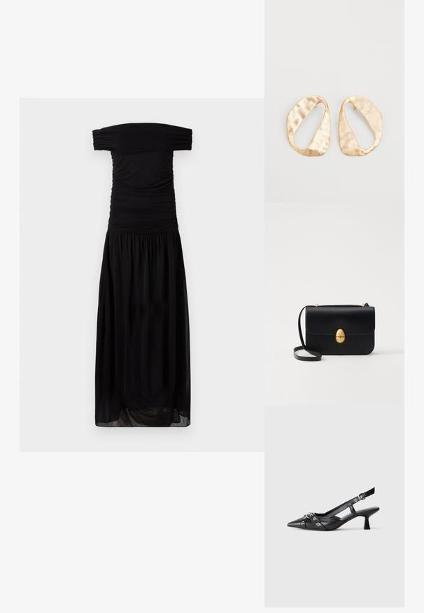 Melna kleita ar atvērtām plecu daļām, izgatavota no mīksta auduma, ar saspringuma detaļām pie krūšu daļas un plūstošu, savākta svārku daļu, kas nodrošina brīvu piegriezumu.; Melnas ādas šlipsveida kurpes ar norādītu purngalu, dekoratīvām joslām ar metāla acīm un zemu bloku papēdi. Teksturēta virsma.; Melnas ādas rokassomu ar strukturētu taisnstūra formu. Iespējas zelta ovāla slēdzis un plāns plecu siksna. Gluda tekstūra.; Pāris neregulāras ovālas formas zelta toņos metāla auskaru ar teksturētu, nedaudz sitētu virsmu uz baltas fona.