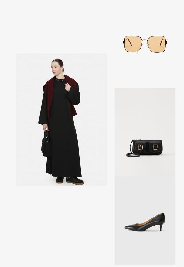 Schwarzes langes Kleid mit weit geschnittenen Ärmeln, geschichtet unter einem roten gerippten Pullover. Das Model trägt eine kleine schwarze Tasche und schwarze Schuhe mit dicker Sohle.; Schwarzer Lederpumps mit spitzem Zehenbereich, niedrigem Absatz und glatter Textur. Verfügt über eine leichte Öffnung an der Vorderseite und minimale Beschläge an der Rückseite.; Quadratische Sonnenbrillen mit braunen Gläsern und einem dünnen schwarzen Metallrahmen. Verfügt über schräg gestaltete Bügel und verstellbare Nasenpads für zusätzlichen Komfort.; Schwarze Leder-Umhängetasche mit zwei vorderen Taschen, goldenen Schnallen, Reißverschluss und einem schmalen Tragegurt. Texturierte Oberfläche und kompakte rechteckige Form.