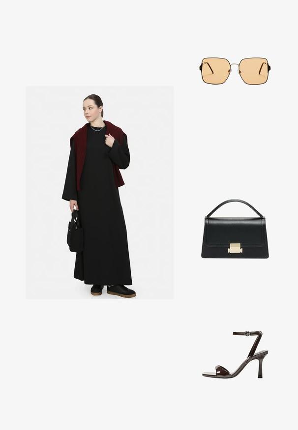 Musta pitkä mekko, jossa on leveät hihat, kerroksittain punaisen ribbipulloverin alla. Malli kantaa pientä mustaa laukkua ja pitää päällään mustia kenkiä, joissa on paksu pohja.; Sandaalit korkean koronan ruskeasta mokkanahasta, jossa on nilkkaremmi, avonainen kärki ja tyylikäs, minimalistinen muotoilu. Varusteena neliön muotoinen korko.; Neliömäiset aurinkolasit ruskeilla linsseillä ja ohuella mustalla metallikehyksellä. Varusteena on kulmikkaat tempulit ja säädettävät nenätyynyt mukavuutta varten.; Musta nahkakäsilaukku, jossa on jämäkkä muotoilu, yläkahva ja kultainen metallisolki edessä. Sujuva pinta, minimaalinen ompelu.