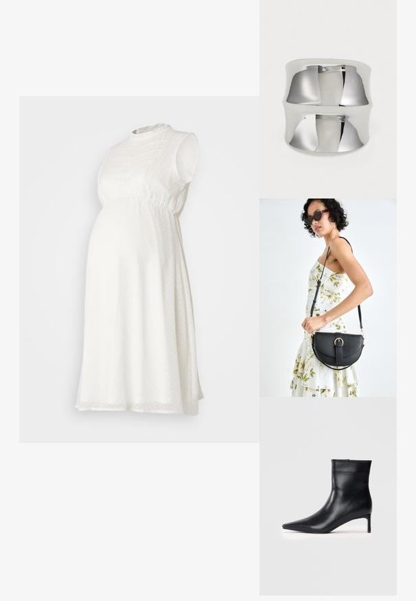 Biele tehotenské šaty s krátkymi rukávmi, textúrovanou tkaninou, naberaným pásom a vysokým výstrihom, s jemnými bodkovanými detailmi po celej ploche.; Čierna kožená členková obuv s špicatou špičkou, elegantným dizajnom a štíhlým podpätkom. Hladká textúra bez viditeľných ozdôb.; Čierna kožená kabelka s zaobleným tvarom, odnímateľným popruhom a zlatými doplnkami. Kabelka má klopu s detailom s prackou.; Strieborný prsteň s hladkým, reflektujúcim povrchom. Disponuje zakriveným dizajnom a širokým pásikom, čo vytvára moderný, minimalistický vzhľad.
