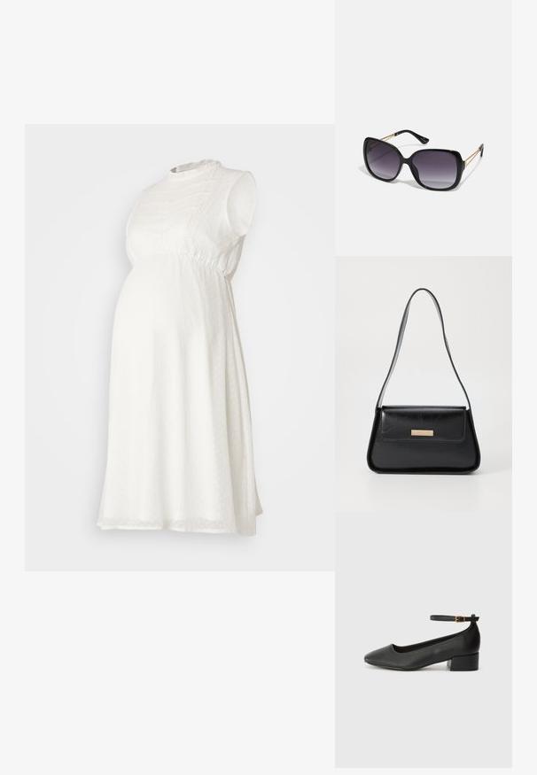 Fehér kismama ruha rövid ujjakkal, texturált anyagból, rakott derékkal és magas nyakkivágással, finom pöttyös részletekkel az egész felületen.; Fekete bőr magassarkú cipő hegyes orral és alacsony tömb sarkal. Bokapánttal rendelkezik, aranyszínű csattal. Simább textúra.; Fekete, oversize napszemüveg fokozatos árnyalatú lencsékkel, vastag kerettel és arany színű lánc díszítéssel a szárakon.; Fekete bőr kézitáska strukturált háromszög alakú, vékony pánttal és arany színű fémszíjjal, elöl található logó plakettel a fedélön.