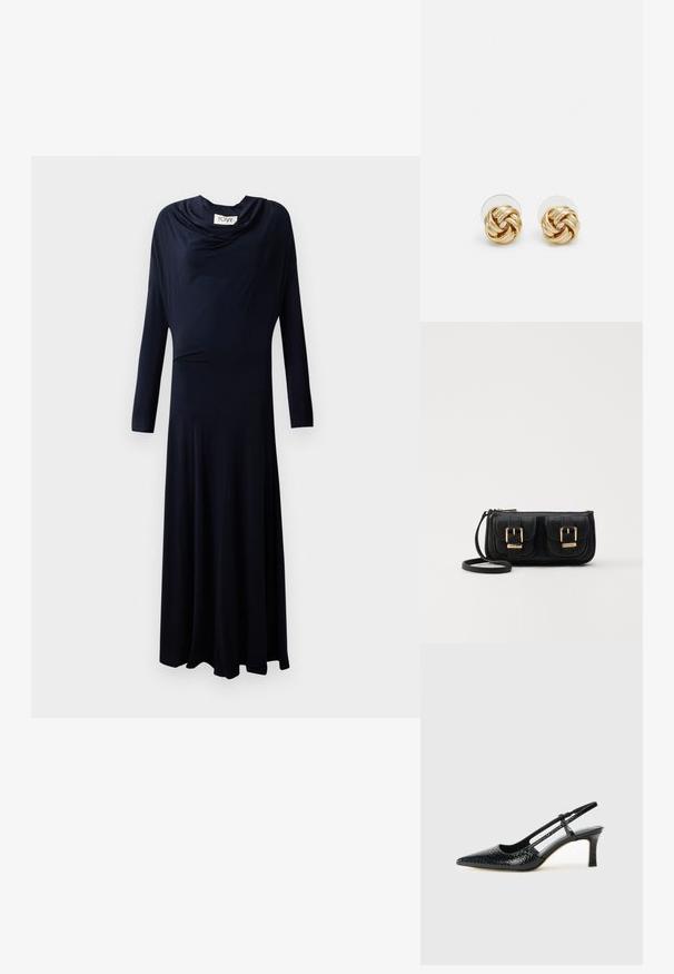 Hosszú ujjú tengerészkék ruha, csepp alakú nyakkivágással, folyékony fazonnal és sima anyaggal, illeszkedő mellrésszel és harang alakú szoknyával.; Fekete lakk slingback sarok, hegyes orral, texturált kígyómintával, állítható pánttal és rövid, texturált tömbsarkal.; Fekete bőr keresztbody táska két elülső zsebbel, arany csattokkal, cipzáras záródással és vékony pánttal. Textúrált felület és kompakt téglalap alak.; Arany színű csomó fülbevalók, csavart formával. Minden fülbevaló mögött egy kör alakú átlátszó támasz található a biztonságos viselés érdekében.