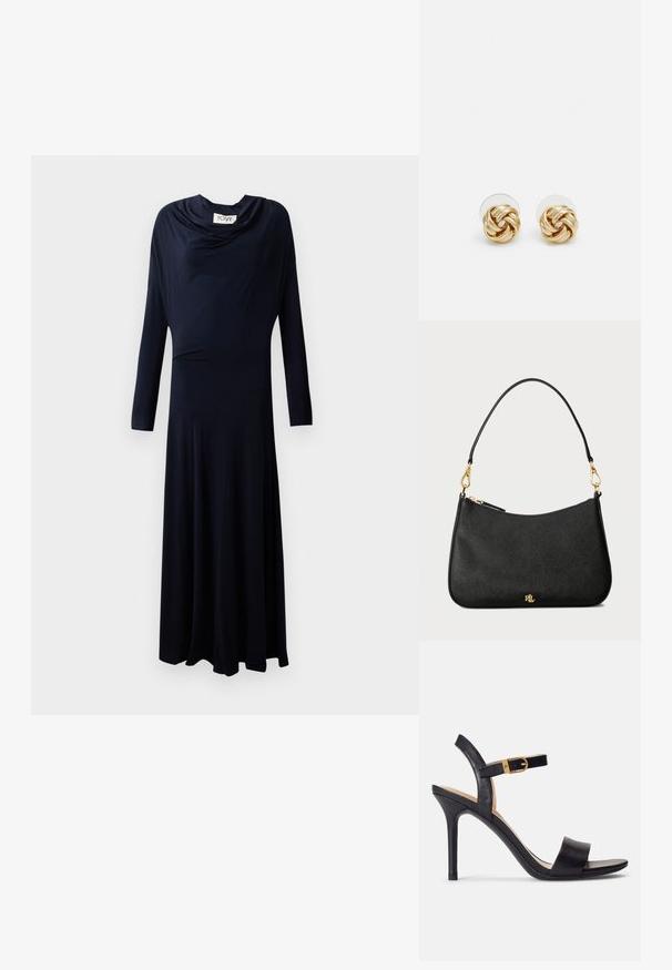 Tumedast pikade varrukatega kleit, millel on kaelus, voolav disain ja sile kangas, bevatades sobivat kehaosa ja flared seelikut.; Mustad kõrged kontsad mustades sandaalides, millel on siledast nahast pealsed, avatud varvas ja üks rihm koos kuldse pandlaga.; Mustast nahast käekott, millel on struktureeritud disain, tõmbluku sulg, eemaldatav rihm ja kuldse viimistlusega aksessuaarid.; Kuldse tooni sõlm kõrvarõngad, millel on keeratud disain. Igal kõrvarõngal on ringikujuline läbipaistev tagaosa, mis tagab kindla kandmise.