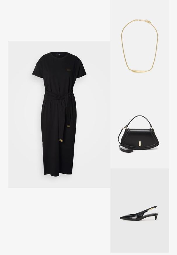 Czarna bawełniana sukienka z krótkimi rękawami, okrągłym dekoltem, paskiem w talii oraz o długości do połowy łydki. Posiada subtelne, markowe naszywki.; Czarne skórzane szpilki typu slingback z ostrym noskiem, posiadające smukły obcas i złoty akcent na regulowanym pasku. Gładka tekstura.; Czarna skórzana torebka o strukturalnym designie, z przyciętą formą, górnym uchwytem i złotymi akcentami. W zestawie regulowany pasek na ramię.; Złocony naszyjnik z gładkim, zakrzywionym centralnym akcentem. Posiada elastyczny łańcuszek z zapięciem typu homar oraz dodatkowymi regulowanymi ogniwami łańcucha.