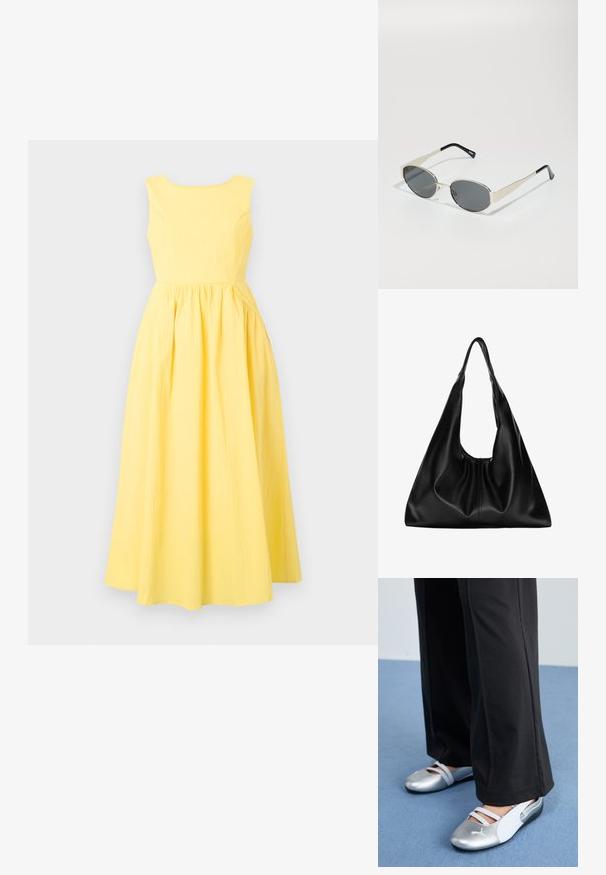 Žluté bezramínkové šaty s kulatým výstřihem, texturovanou tkaninou, přiléhavým živůtkem a plnou, nařasenou sukní.; Stříbrné a bílé ploché boty s křížovými pásky a texturovaným detailem, doplněné volnými černými kalhotami. Umístěno na modré podlaze.; Sluneční brýle s oválnými šedými skly, stříbrným kovovým rámem a černými akcenty na spáncích. Vyznačují se elegantním designem a minimálním množstvím upevňovacích prvků.; Černá kožená hobo taška s měkkým, zakřiveným tvarem. Obsahuje široké horní ucho a na základně se shromažďuje, což vytváří uvolněnou texturu.