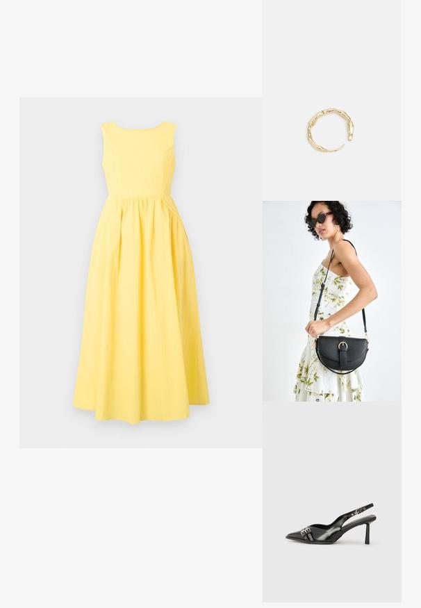 Rumena brezrokavna obleka z zaobljenim izrezom, teksturiranega materiala, prilegajočega zgornjega dela in polne, nabirane krila.; Črne patentne usnjene sandale s koničastim nosom, zankami okoli gležnja s srebrnimi sponkami in opremo ter vitkimi petami.; Črna usnjena torbica s ukrivljeno obliko, z odstranljivo naramnico in zlatimi dodatki. Torbica ima pokrov s podrobnostmi v obliki zaponke.; Zlati prstan s organskim, zvitim dizajnom, gladko površino in taperiranimi konci, ki ustvarja modernega, skulpturalnega videza.