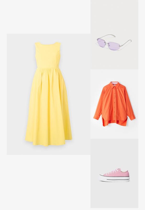Žlté šaty bez rukávov s okrúhlym výstrihom, textúrovaná látka, priliehavá sukňa a plná, zberaná sukňa.; Oranžová košeľa s gombíkmi, golierom, dlhými rukávmi a mierne zaobleným spodným okrajom. Vyrobená z hladkej tkaniny s voľným strihom.; Ružové plátnené tenisky s klasickým nízkym strihom, bielym gumovým prstom a čiernym akcentom na podrážke. Rovné biele šnúrky.; Slnko okuliare s oválnymi fialovými šošovkami, kovovým rámom a tenkými ramenami. Priehľadné nosové podložky a jemné logo na ramene.; Fialová kabelka vyrobená z textúrovaného materiálu, s dvoma hornými uchami, odnímateľným ramenným popruhom a farebnými ozdobnými čarami.