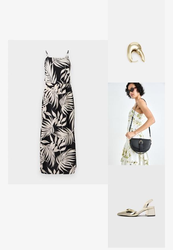 Svart maxikjole med et bladaktig beige mønster, justerbare stropper og elastisk midje for en tettsittende silhuett. Glatt stofftekstur.; Gull, metallisk slingback-hæler med spiss tå og chunky hæl. Glatt tekstur, minimalistisk design og en smal stropp.; Svart lærveske med en buet form, avtagbar stropp og gullbeslag. Vesken har et klaff med spenne-detall.; Gullfarget metalløredobber med et elegant, buet design. Har en karakteristisk spiss form, polert overflate og hengsel-lukking.