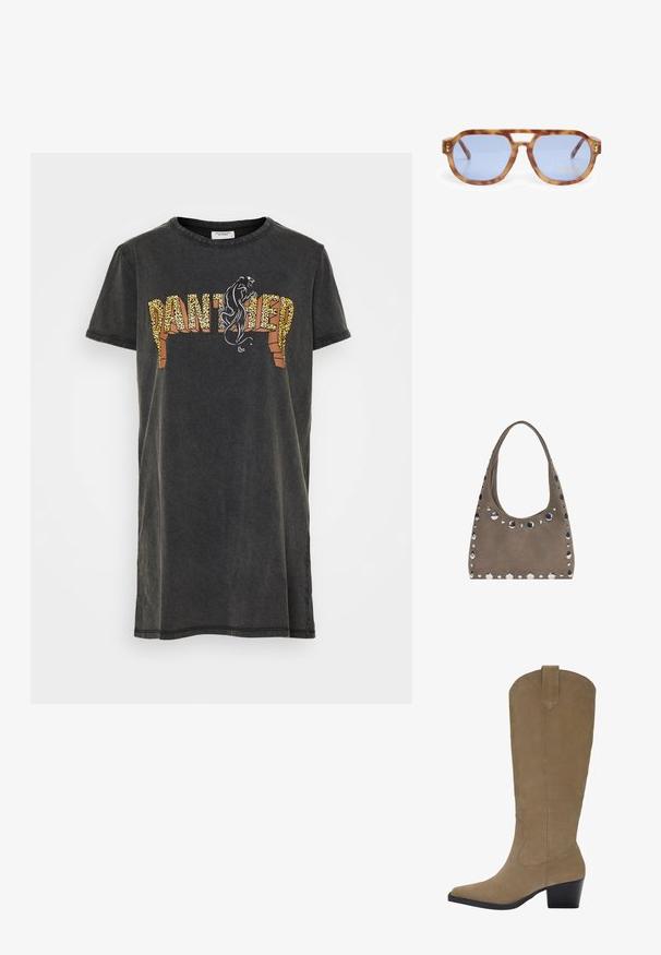 Čierne bavlnené tričko s krátkymi rukávmi, s leopardo vzorom a grafickým nápisom "PANTHER". Uvoľnený strih, okrúhly výstrih.; Svetlé semišové čižmy po kolená s špicatou špičkou, vrstveným podpätkom a šitím po stranách. Hladká textura a štruktúrovaný dizajn.; Slnkové okuliare z želvoviny s modrými sklami, uhlovým dizajnom, hrubým rámom a vyrezaným nosovým mostíkom; obsahujú zlatý akcent na spánku.; PULL&BEAR SHOPPER - Veľká kabelka - grey