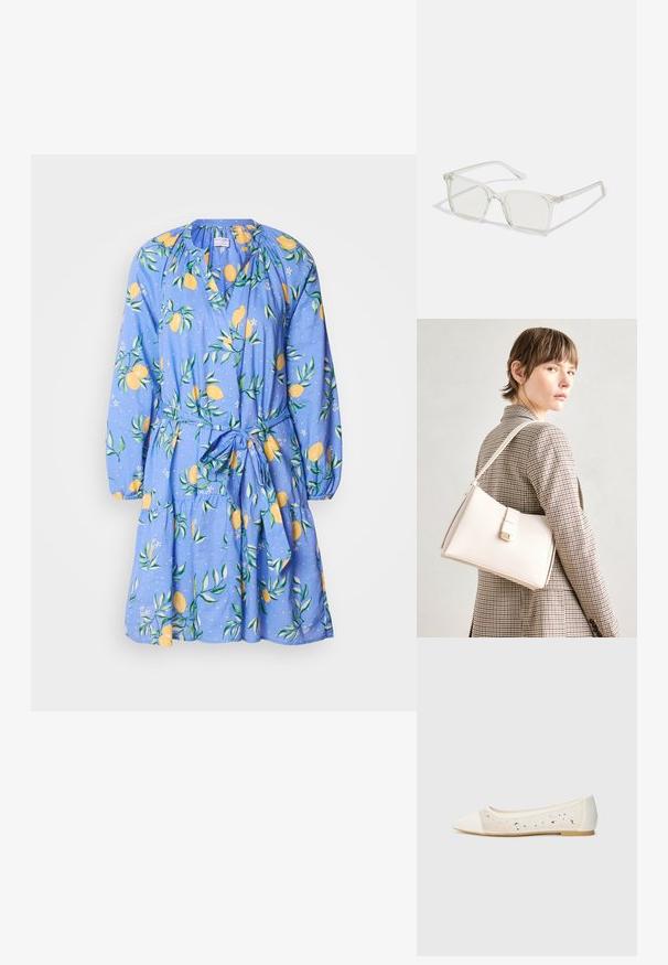 Modra obleka z vzorcem limon in listov, dolgi rokavi, nabrana zgornji del in pasni trak. Narejena iz lahkega blaga z razširjenim krilom.; Pointe kratek v kremni usnjeni z transparentnim zgornjim delom, okrašenim s razpršenimi kamni. Mehak podplat za udobje, minimalističen dizajn.; Prozorne kvadratne plastične očala s prozornimi lečami, ki imajo zlato dekoracijo na ročajih za dodaten pridih podrobnosti.; Bela usnjena torba s strukturirano zasnovo, opremljena z magnetnim zapiranjem in naramnico, prikazana na nevtralni ozadju.