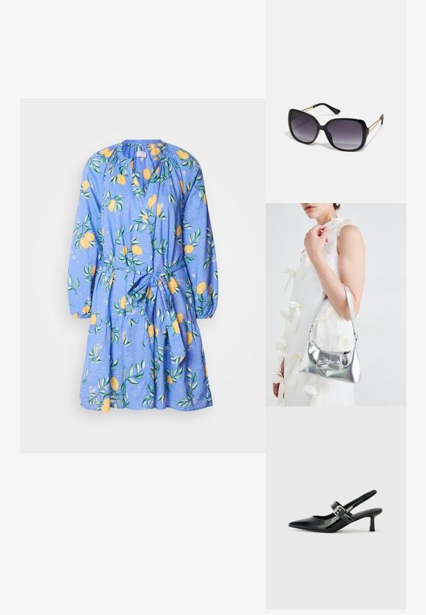 Blå kjole med sitron- og bladmønster, lange ermer, rynket hals og midjebånd. Laget av lett stoff med utsvingt skjørt.; Svarte patent lær slingback hæler med spiss tå og en liten blokkheel, med en sølvspenne som detalj på stroppen.; Sorte oversized solbriller med gradient linser, tykke rammer og detaljering med gulltonekjede på tempelarmene.; Sølvmetallisk håndveske med en strukturert form, med en topphåndtak og sløyfedetalj foran. Glatt tekstur, reflekterende overflate.