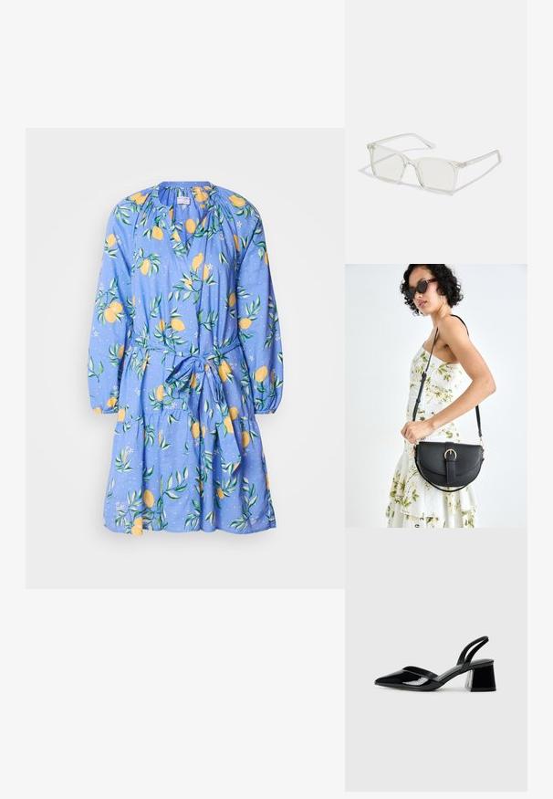 Vestido azul com padrão de limão e folhas, mangas longas, decote franzido e cinto na cintura. Feito de tecido leve com saia rodada.; Sandy em verniz preto com salto slingback, ponta afilada e salto geométrico. Apresenta um design elegante e minimalista com textura suave.; Óculos quadrados de plástico transparente com lentes translúcidas, apresentando detalhes em dourado nas hastes.; Bolsa de couro preta com forma curva, alça destacável e detalhes em dourado. A bolsa possui uma aba com detalhe de fivela.