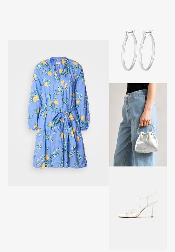Plava haljina s uzorkom limuna i lista, dugih rukava, raširenim izrezom i vrpcom u struku. Izrađena od laganog materijala s lepršavom suknjom.; Bijele sandale s visokom potpeticom i trakama, ravno oblikovanim prstima, teksturiranim prednjim dijelom s naboranim detaljima i uskom trakicom oko gležnja.; Metalna srebrna torba s teksturiranim završetkom, ukrašena srebrnim okruglim drškom i zatvaranjem na vezanje, drži se uz svijetloplave traperice.; Srebrne kružne naušnice s glatkom, poliranom površinom. Okrugli oblik i sigurno kopčanje na klik. Lagani dizajn pogodan za svakodnevno nošenje.