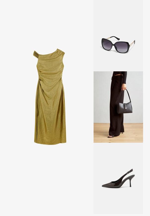 Gold, einseitig trägerloses Kleid mit drapiertem Design, knielanger Schnitt, texturiertem Stoff und einem kleinen gefältelten Akzent an der Schulter.; Slingback-Pumps aus glänzendem dunklen braunen Lackleder, mit spitzer Zehenpartie, offenen Seiten und verstellbarem Knöchelriemen.; Schwarze übergroße Sonnenbrille mit getönten Gläsern, dicken Rahmen und goldfarbener Kettendetaillierung an den Bügeln.; Schwarze Handtasche mit strukturierter Form, glatter Textur und einem metallischen Verschluss. Kombiniert mit weiten schwarzen Hosen und offenen Sandalen auf einem Holzboden.
