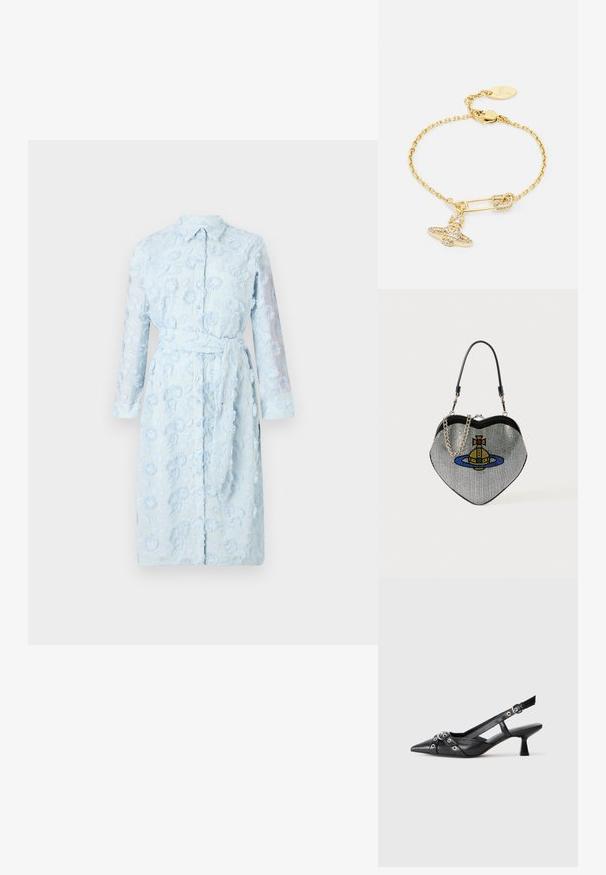 Világoskék ingruha virágos hímzéssel, gombos elülső résszel, hosszú áttetsző ujjal és derékban illő övvel.; Fekete bőr slingback cipő hegyes orral, dekoratív pántokkal, fém szemekkel és alacsony blokk sarkú. Texturált felület.; Szív alakú, hálós táska fényes fémes felülettel, kék, sárga és piros macska- és bolygó mintával. Fém lánc pántot tartalmaz.; Arany színű karkötő, lánc formájú dizájnnal, biztonsági tű medállal és csillogó masnis részlettel díszítve. Kattintós zárással és logócímkével ellátva.