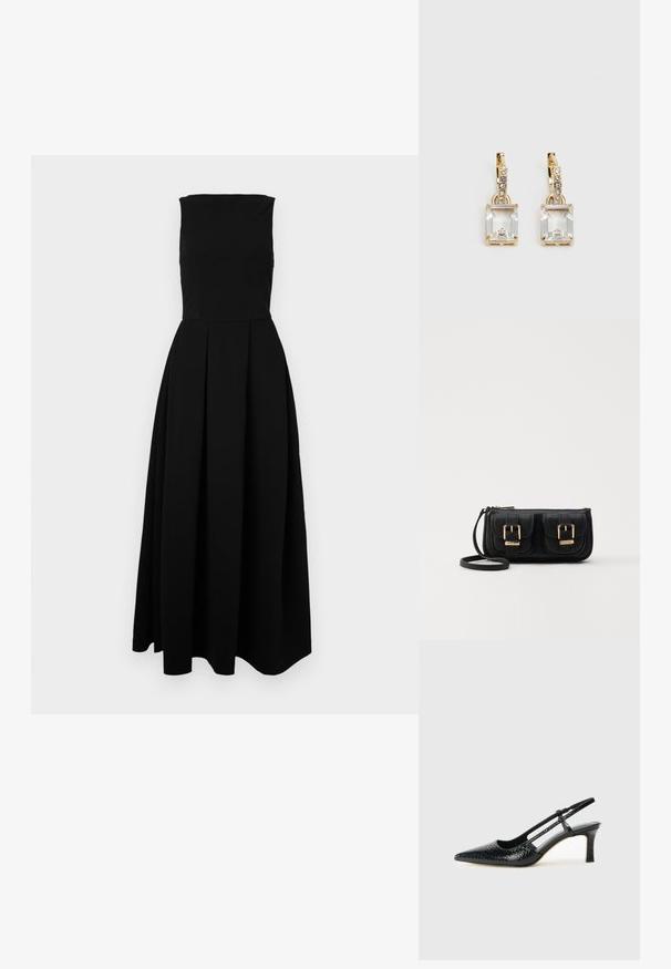 Fekete, ujjtalan maxi ruha, A-vonalú sziluettel, szűkített felső résszel, redőzött szoknyával és sima textúrával.; Fekete lakk slingback sarok, hegyes orral, texturált kígyómintával, állítható pánttal és rövid, texturált tömbsarkal.; Fekete bőr keresztbody táska két elülső zsebbel, arany csattokkal, cipzáras záródással és vékony pánttal. Textúrált felület és kompakt téglalap alak.; Aranyszínű fülbevalók, melyek egy téglalap alakú, tiszta kristállyal díszítették, ami egy sor kis, kerek, tiszta kiegészítő alatt lóg. Letisztult, modern dizájn.