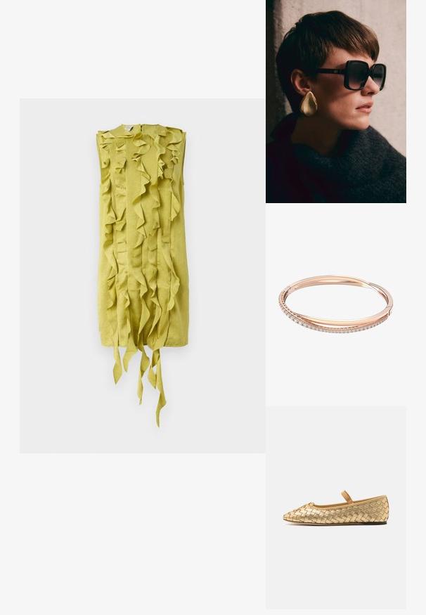 Seljateta kleit heas rohelises kangas, volangilise tekstuuri ja langeva disainiga, millel on allääres sidumiseks nöörid, lisades nii detaili.; Loeffler Randall LEONIE SOFT BALLET FLAT - Pahkluurihmadega baleriinad - gold; Mustad ülemized prillid tumedate läätsede ja kuldse seadistusega, koos suurte läikivate kuldsed tilgakujuliste kõrvarõngastega. Tume tekstuuriga sall.; Roosa kuldne käevõru, millel on kaks omavahel seotud riba, millest üks on kaunistatud rida teemante, sile pind ja siledad servad.