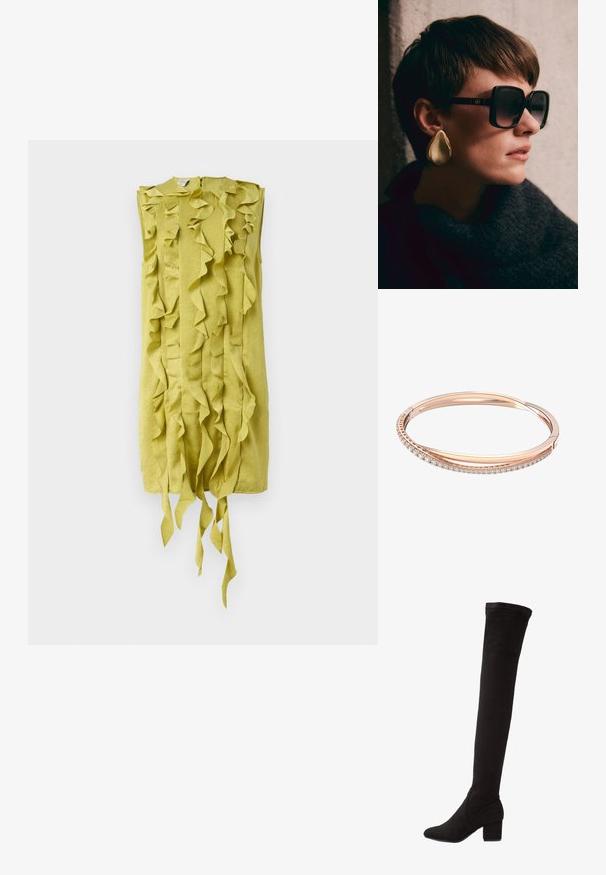 Ärmlös klänning i ljusgrön tyg med volangstruktur och kaskaddesign, med snören i botten för extra detalj.; Svart mockastövlar över knäna med klack, med en slät textur och en åtsittande design som sträcker sig över knäet.; Svarta överdimensionerade solglasögon med mörka linser och guld detaljer, tillsammans med ett stort, glänsande guld tårörhänge. Mörk texturerad halsduk.; Roséguldfärgad armbandskedja som har två sammanlänkade band, där ett är prytt med en rad diamanter, elegant yta och släta kanter.