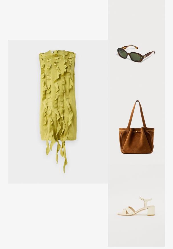 Bezrukávové šaty z svetlozeleného materiálu s volánovým vzorom a kaskádovým dizajnom, s viazaním na spodnej strane pre dodatočný detail.; Bežové lakované sandále na podpätku s križovým popruhom, otvorenou špičkou, nastaviteľným členkovým popruhom a blokovým podpätkom. Hladká textura.; Slnečné okuliare v korytnačkovom vzore so zelenými šošovkami, oválneho tvaru, s kovovým logom na boku a hladkým lesklým povrchom.; Hnedá semišová taška s dvoma uchami, uzatváraním na gombík a uvoľneným, mierne splošteným tvarom.