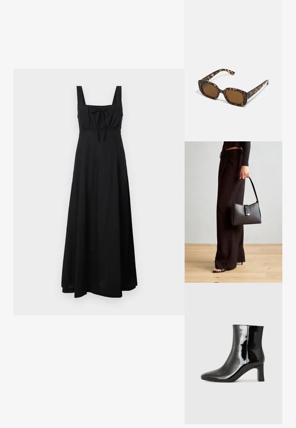Rochie maxi neagră, realizată dintr-un material ușor, având un decolteu pătrat, o brățară ajustabilă la bust și o fustă fluidă.; Botine negre din piele lacuită, cu vârful ascuțit și toc bloc de înălțime medie. Textură netedă și design minimalist.; Ochelari de soare cu chelă de broască țestoasă, având un cadru rotund și voluminos, cu lentile maro. Prezintă modele subtile și brațe drepte, conice.; Genți negre cu o formă structurată, textură netedă și un închizător metalic. Asortată cu pantaloni negri largi și sandale cu vârf deschis pe un podea din lemn.