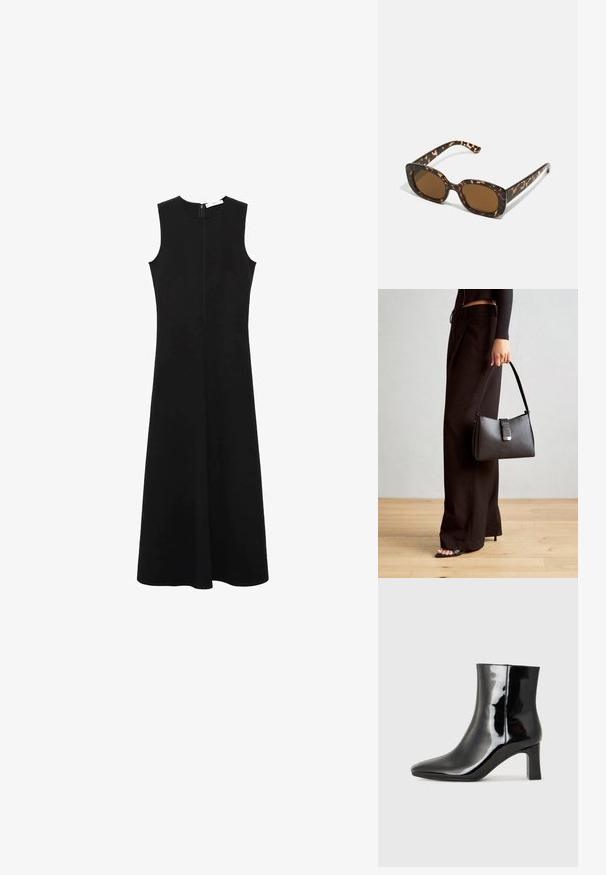 Vestido negro sin mangas con escote redondo, cuerpo ajustado y falda acampanada. Presenta una cremallera en la parte posterior y una tela ligera y suave.; Botín de charol negro con punta afilada y un tacón de bloque de altura media. Textura suave y diseño minimalista.; Gafas de sol de carey con un marco redondeado y robusto y lentes marrones. Presentan patrones sutiles y brazos rectos y cónicos.; Bolso negro con forma estructurada, textura suave y un cierre metálico. Combinado con pantalones anchos negros y sandalias de dedo en un suelo de madera.