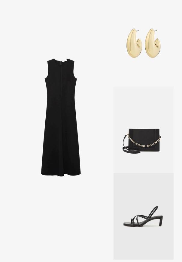 Black sleeveless dress with a round neckline, fitted bodice, and flared skirt. Features a back zipper and smooth, lightweight fabric.; Black strappy sandal with a square toe and a low block heel. Features multiple thin straps and an adjustable ankle strap. Made of smooth leather.; Black leather crossbody bag featuring a smooth texture, rectangular shape, and a metallic chain detail on the front. Adjustable strap included.; Gold-toned earrings featuring a smooth, rounded shape with a polished finish and a post backing for secure wear.