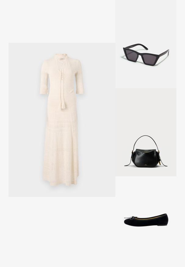 Vestido maxi de punto en crema con cuello de embudo, mangas cortas y un patrón texturizado. Presenta un cierre con lazo y detalle de borlas en la cintura.; Bailarinas de terciopelo negro con punta redonda, un pequeño lazo en la parte delantera y un forro interior amarillo en contraste.; Gafas de sol negras y angulares con lentes grises; fabricadas en plástico, con varillas gruesas de superficie suave y sin herrajes visibles.; Bolso de mano de piel negra con forma redondeada, un asa superior y detalles de herrajes dorados. Presenta un cierre con cremallera y un sutil detalle de marca.