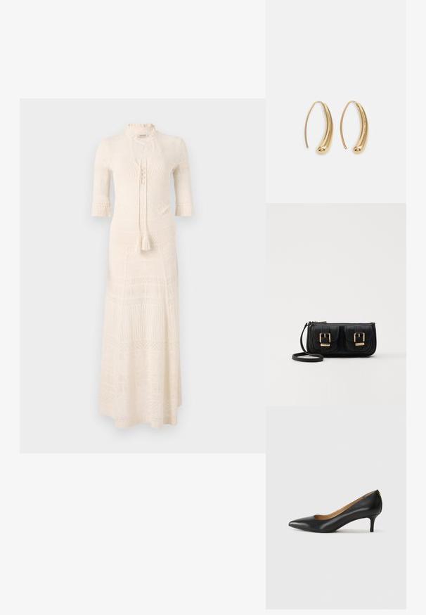 Knit maxi dress in cream with a funnel neck, half sleeves, and a textured pattern. Features a tie closure and tassel detail at the waist.; Black leather pump with a pointed toe, low heel, and a smooth texture. Features a slight opening at the front and minimal hardware at the back.; Black leather crossbody bag with two front pockets, gold buckles, zipper closure, and a slim strap. Textured surface and compact rectangular shape.; Gold-tone metal hoop earrings with a curved, elongated shape. Features a smooth, shiny surface and a rounded tip for added detail.