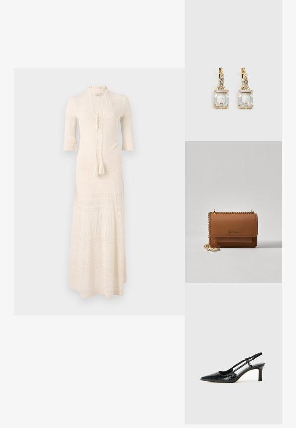 Strick-Maxi-Kleid in Creme mit Stehkragen, halben Ärmeln und strukturiertem Muster. Verfügt über einen Bindegürtel und Quastendetails in der Taille.; Schwarze Lack-Slingback-Pumps mit spitzem Zehenbereich, versehen mit strukturiertem Schlangenprint, verstellbarem Riemen und einem kurzen, strukturierten Blockabsatz.; Braune strukturierte Ledertasche mit goldener Kettenriemen und Klappenverschluss. Die Vorderseite zeigt ein Logo-Detail und eine Tasche unter der Klappe.; Ohrringe in Goldfarbe mit einem rechteckigen, durchsichtigen Kristall, der unter einer Reihe kleiner, runder klarer Akzente hängt. Elegantes, modernes Design.