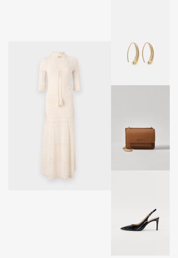Robe maxi en tricot crème avec un col cheminée, des manches mi-longues et un motif texturé. Comprend une fermeture à nouer et un détail à franges à la taille.; Pompe slingback en cuir verni noir avec un bout pointu, un talon fin et un design de découpes subtil. Elle dispose d'une boucle dorée sur la sangle.; Sac en cuir texturé marron en bandoulière avec une sangle en chaîne dorée et une fermeture à rabat. L'avant présente un détail de logo et une poche sous le rabat.; Boucles d'oreilles en métal doré en forme d'anneau, avec une forme courbée et allongée. Elles présentent une surface lisse et brillante avec une pointe arrondie pour un détail supplémentaire.